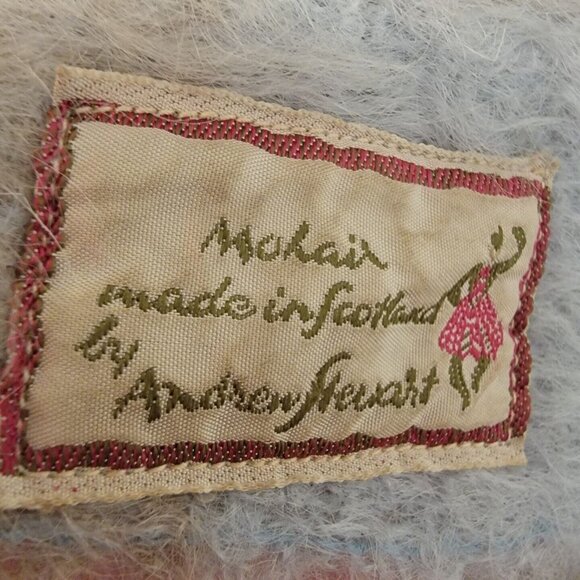 Vintage Mohair Wool Scarf Andrew Stewart Scotland Plaid Pale Blue Tan 7" x 43" - Picture 2 of 3